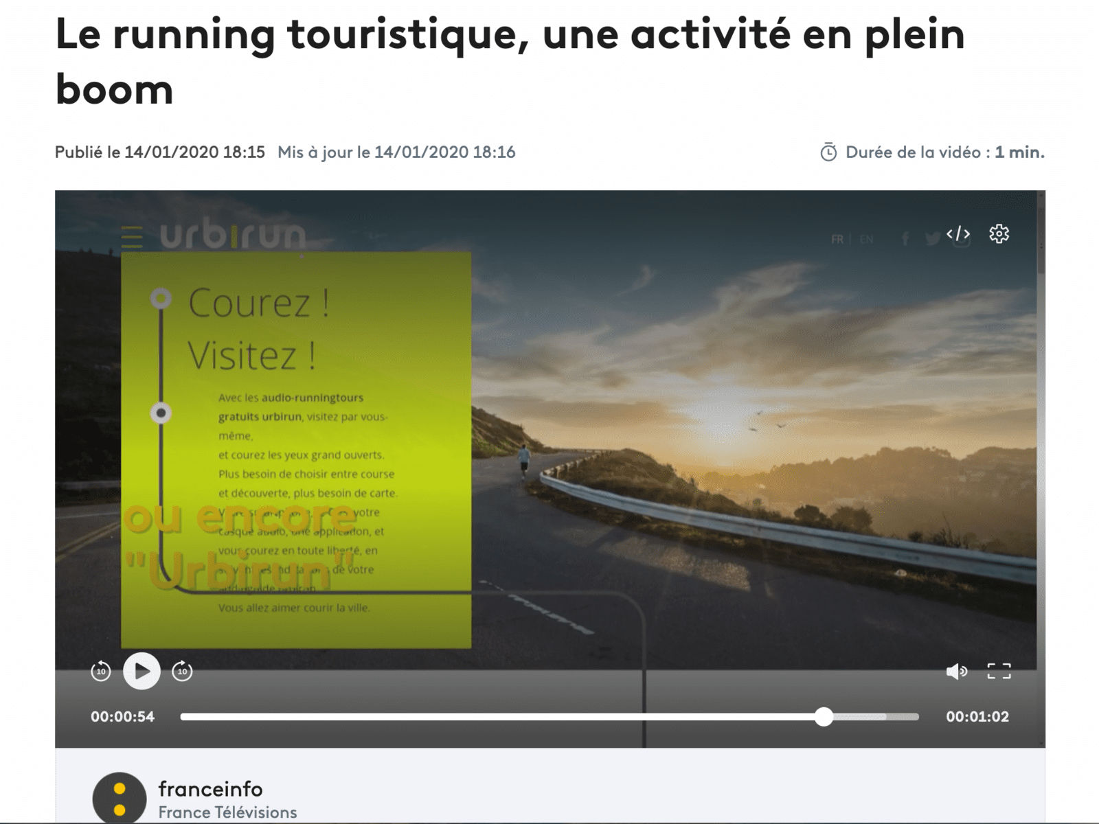 Eh oui, on a m&ecirc;me parl&eacute; de urbirun sur France TV info  Clique ici https://www.francetvinfo.fr/sante/sport-et-sante/le-running-touristique-une-activite-en-plein-boom_3784761.html    Ci-dessous…